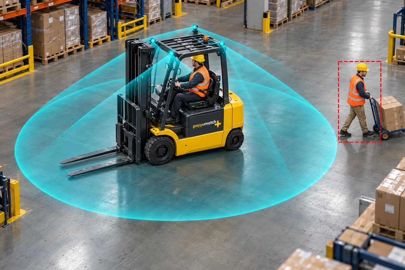 Forklift etrafındaki 360 derece kamera görüşü ve yaya algılama uygulaması