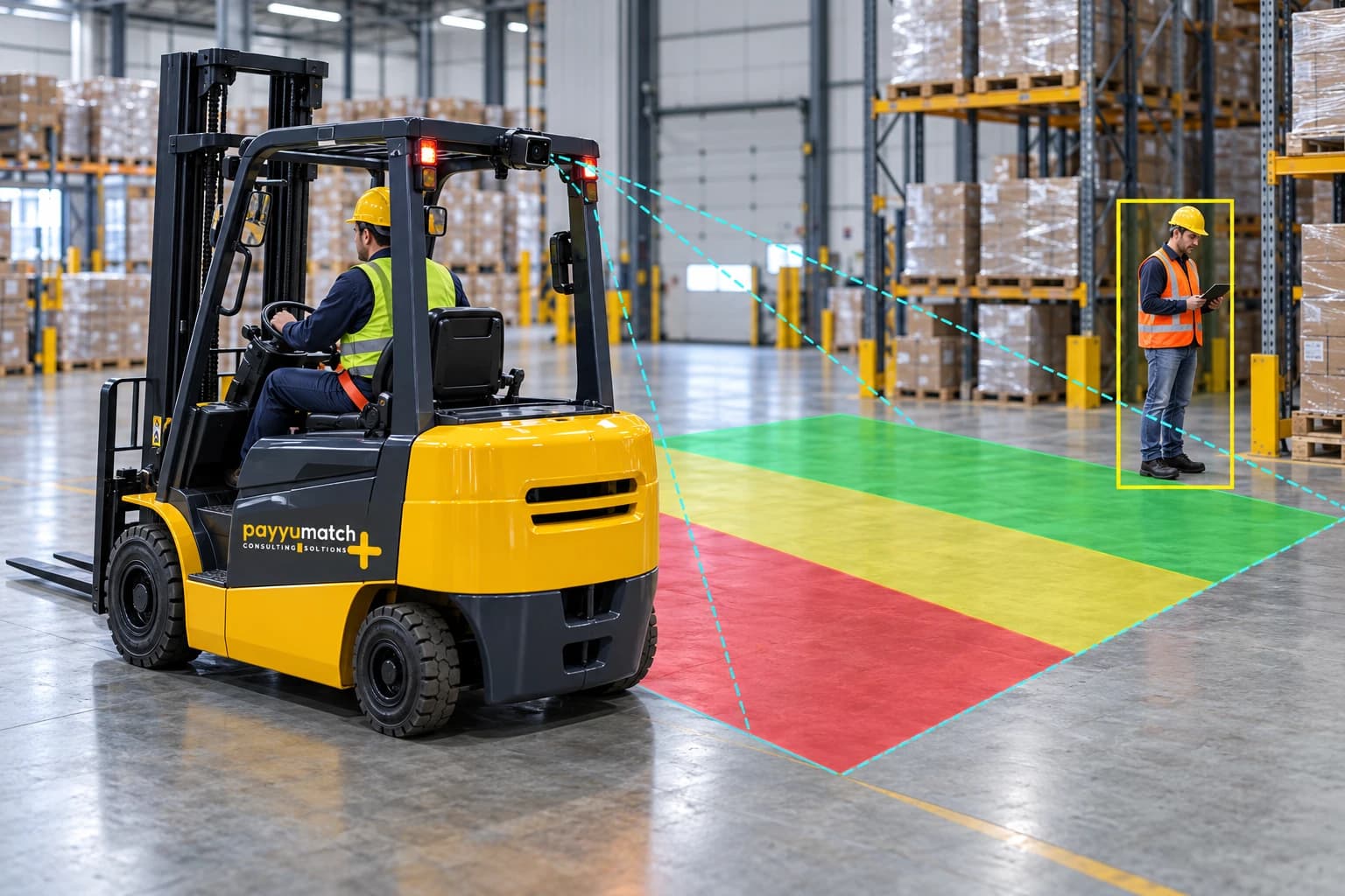 Forklift arkasındaki algılama bölgeleri ve işaretlenen yaya ile AI kamera uygulaması