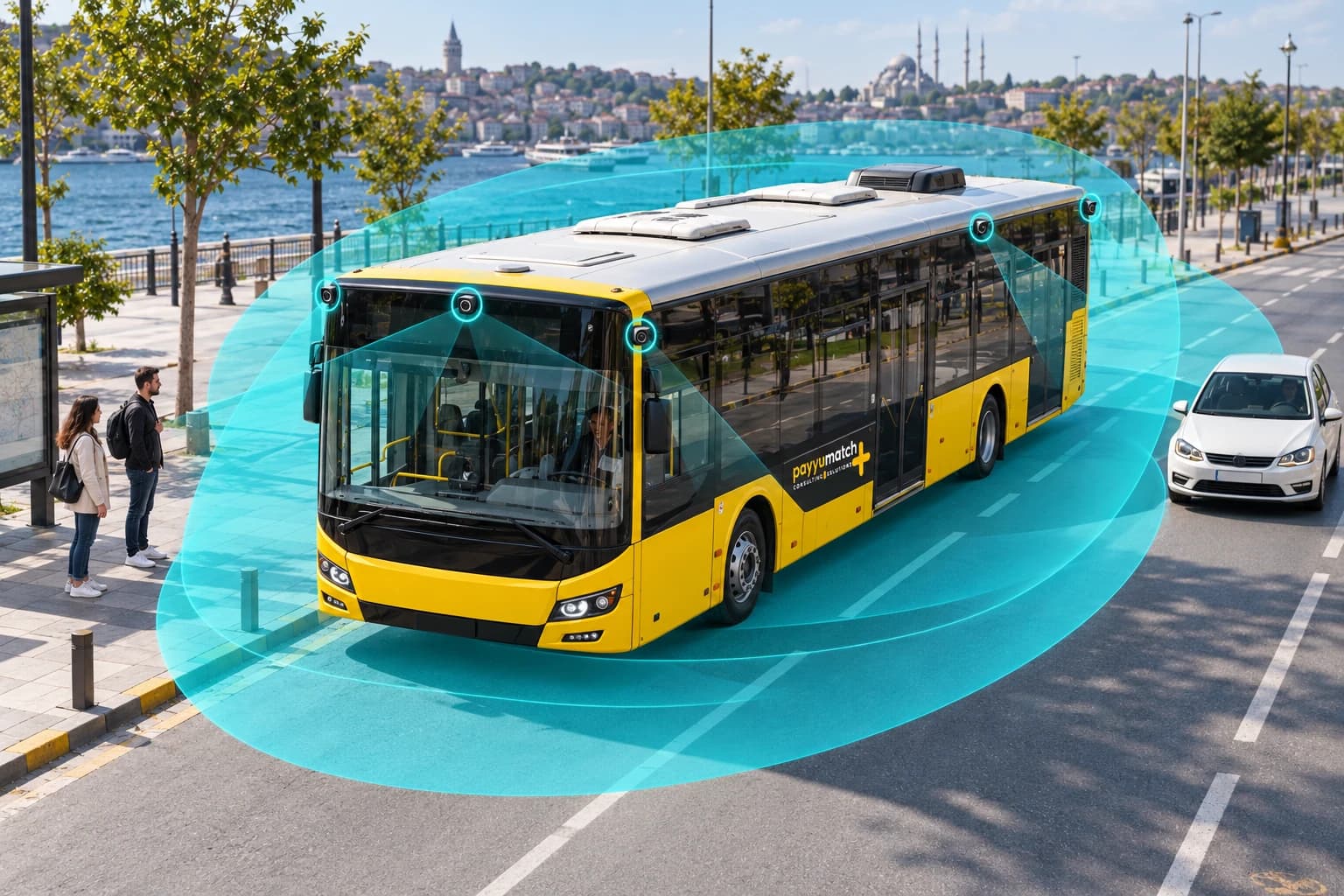 Belediye otobüsü çevresinde temsili 360 derece kamera görüş alanı
