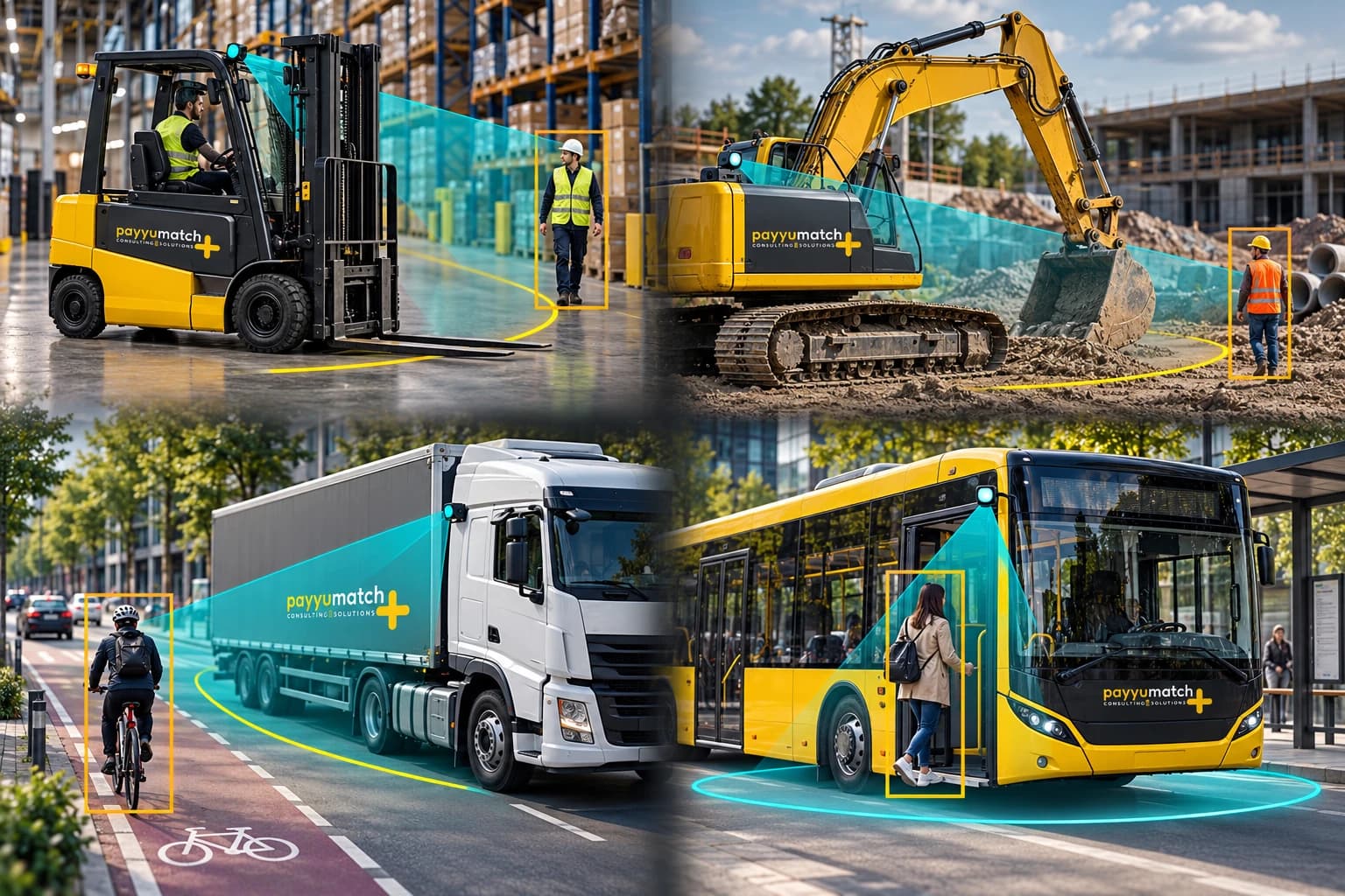 Forklift, ekskavatör, kamyon ve otobüste FleetOMI SAFEGUARD kamera ve algılama uygulamalarını gösteren temsili görsel