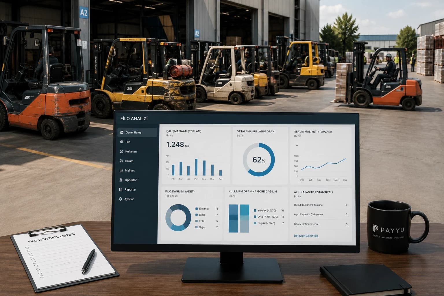 Forklift filosunun çalışma, kullanım ve maliyet verilerinin analiz edildiği endüstriyel operasyon