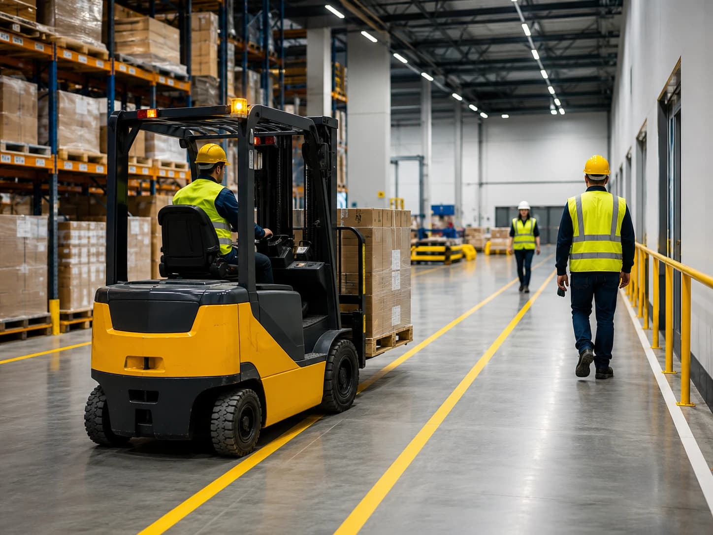 Forklift, yaya yolu ve güvenlik teknolojilerinin bulunduğu endüstriyel depo operasyonu