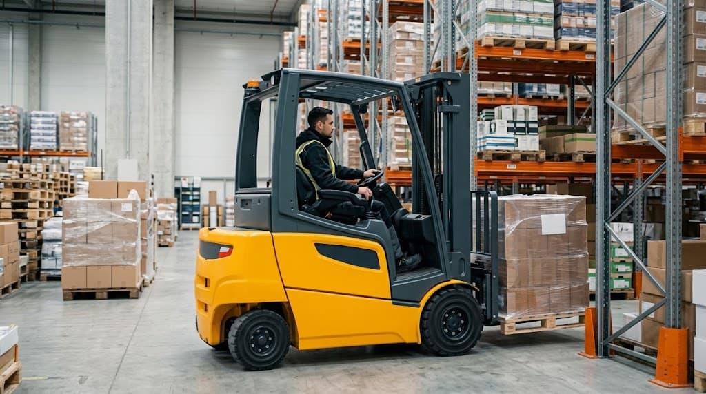 Depoda çalışan forklift ve depo ekipmanları