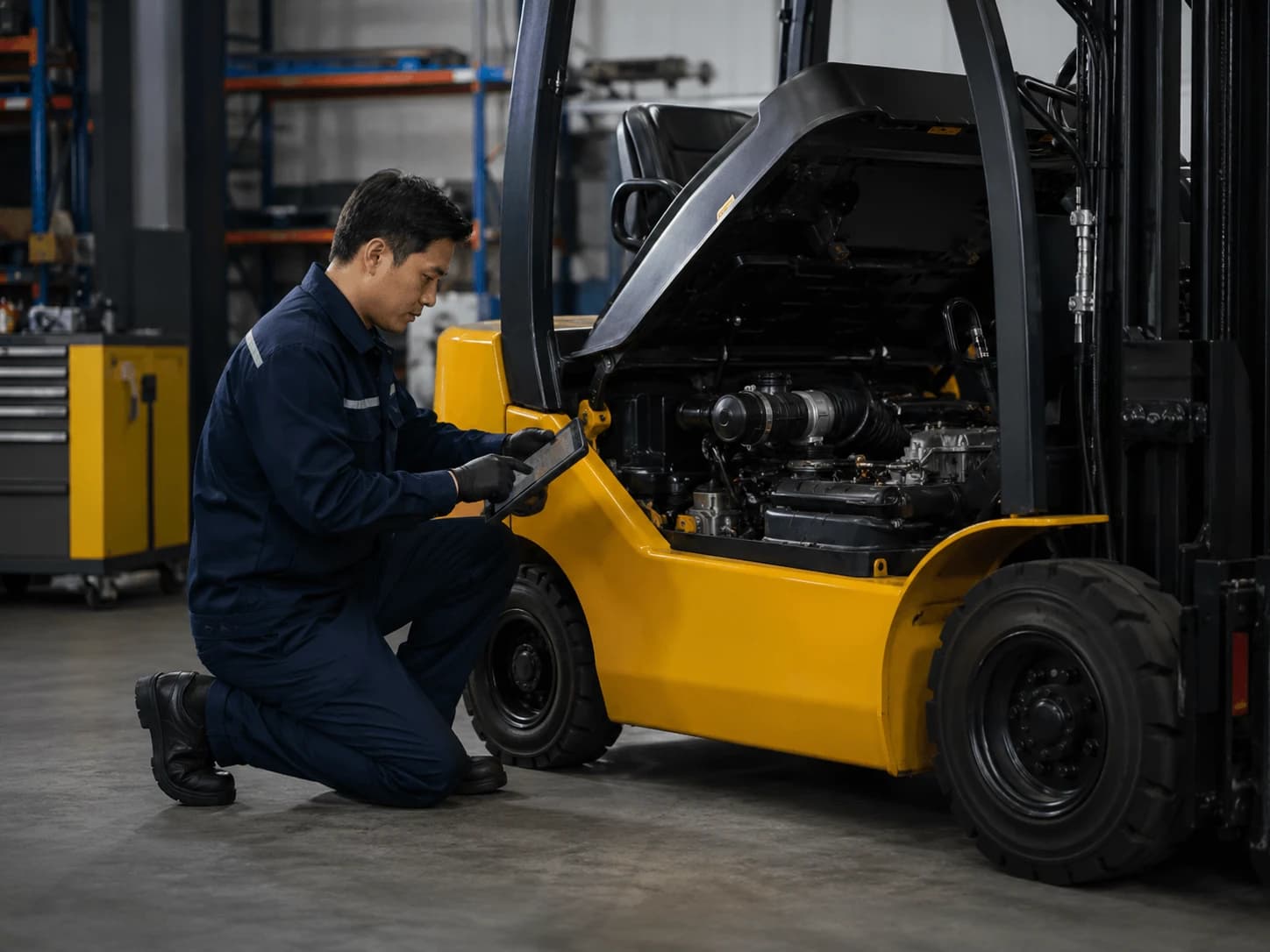 Forklift bakımı yapan teknisyen