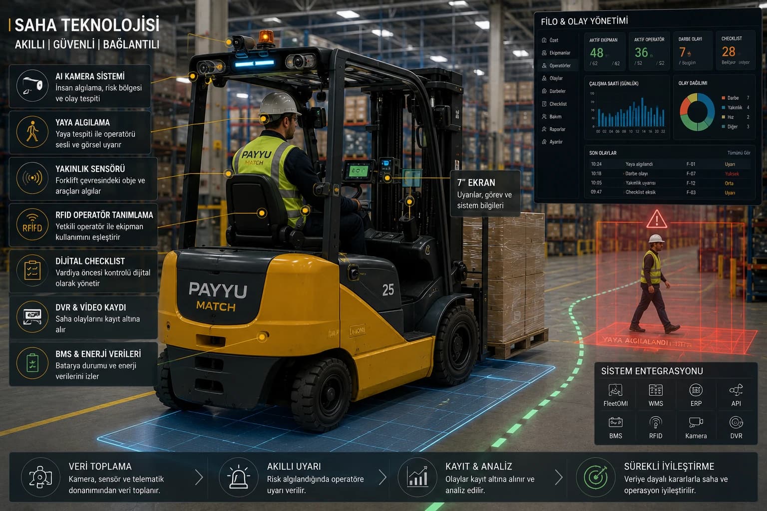 Forklift üzerinde kamera, sensör ve dijital güvenlik teknolojilerinin kullanıldığı endüstriyel saha